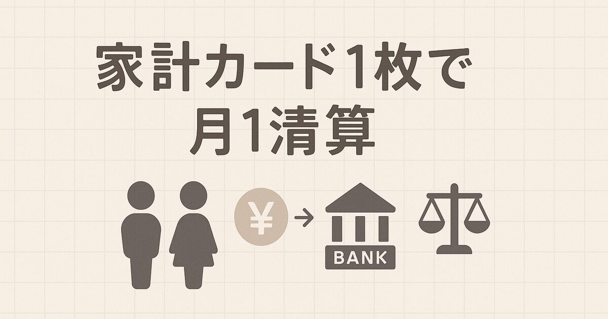 同棲カップルの家計分担を示す図解。家計カード1枚と月1回清算のイメージ
